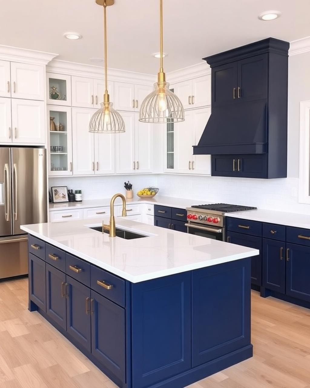 Two-tone navy and white kitchen with gold hardware