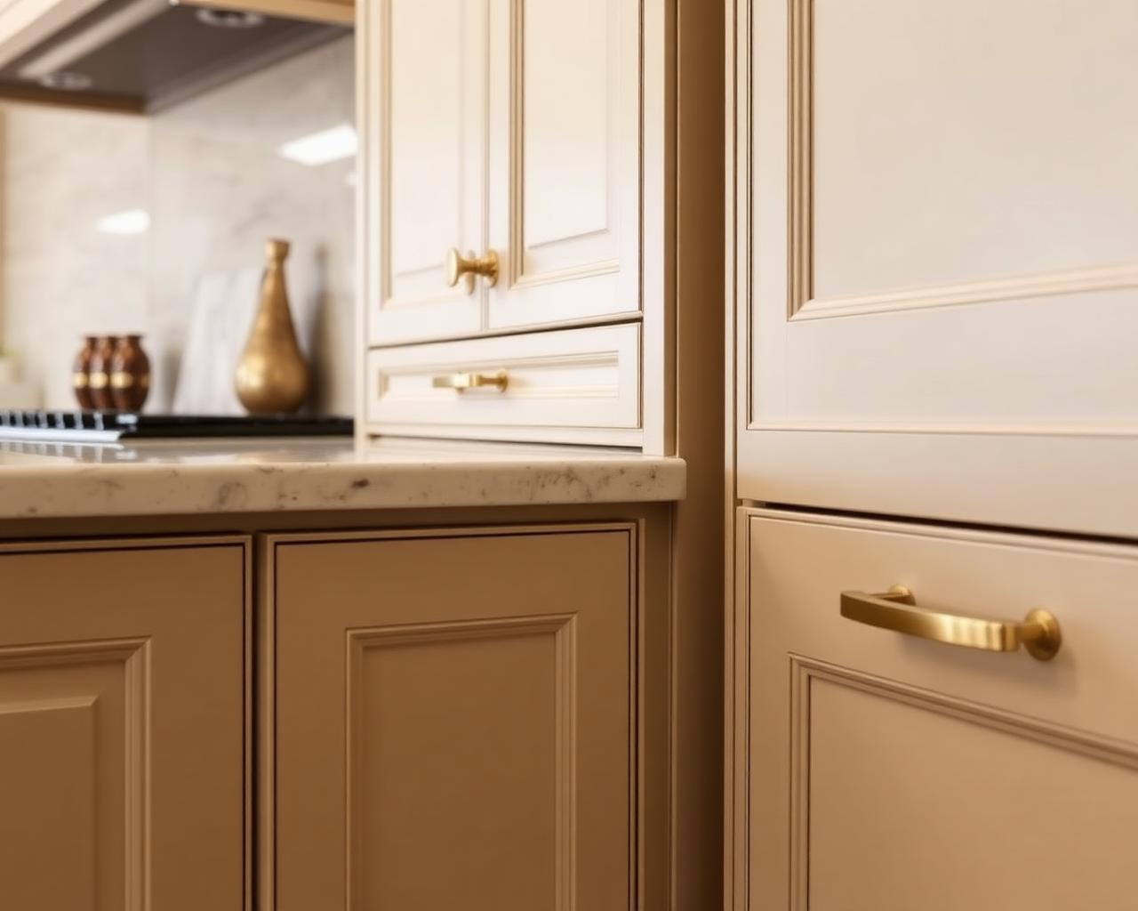Beige luxury cabinets with brass pulls