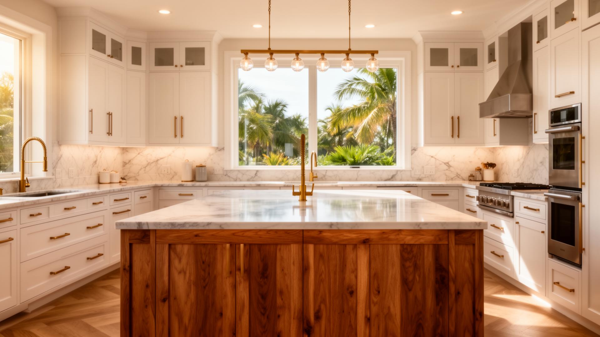 Luxury Florida kitchen with white shaker cabinets and warm wood island